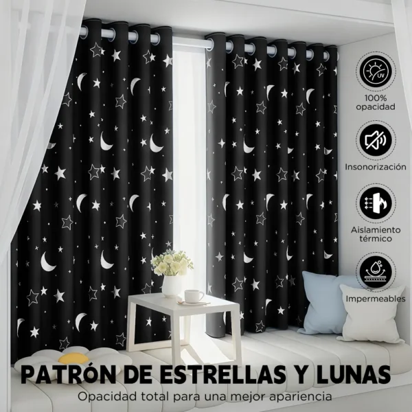 2pcs Cortina Blackout Luna Y Estrellas 280x220cm Cuarto Sala